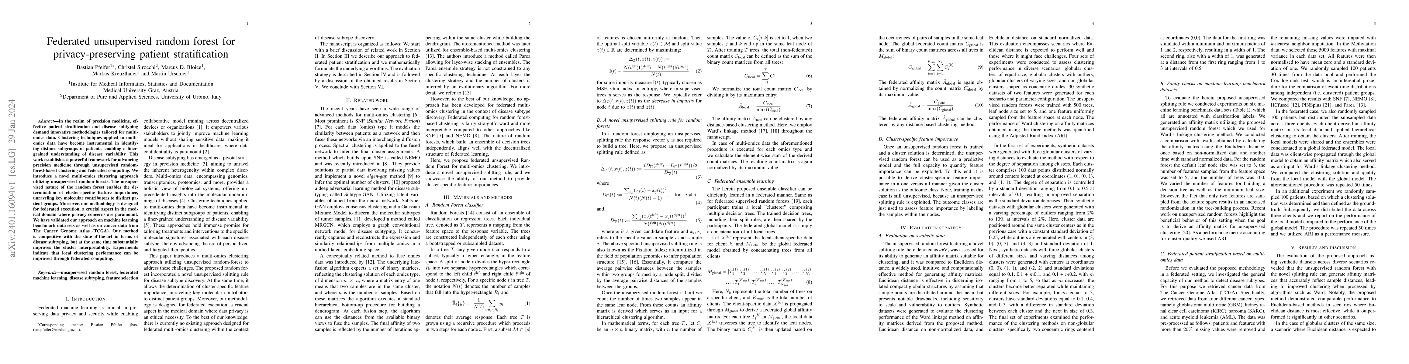 Thumbnail for Federated unsupervised random forest for privacy-preserving patient
  stratification
