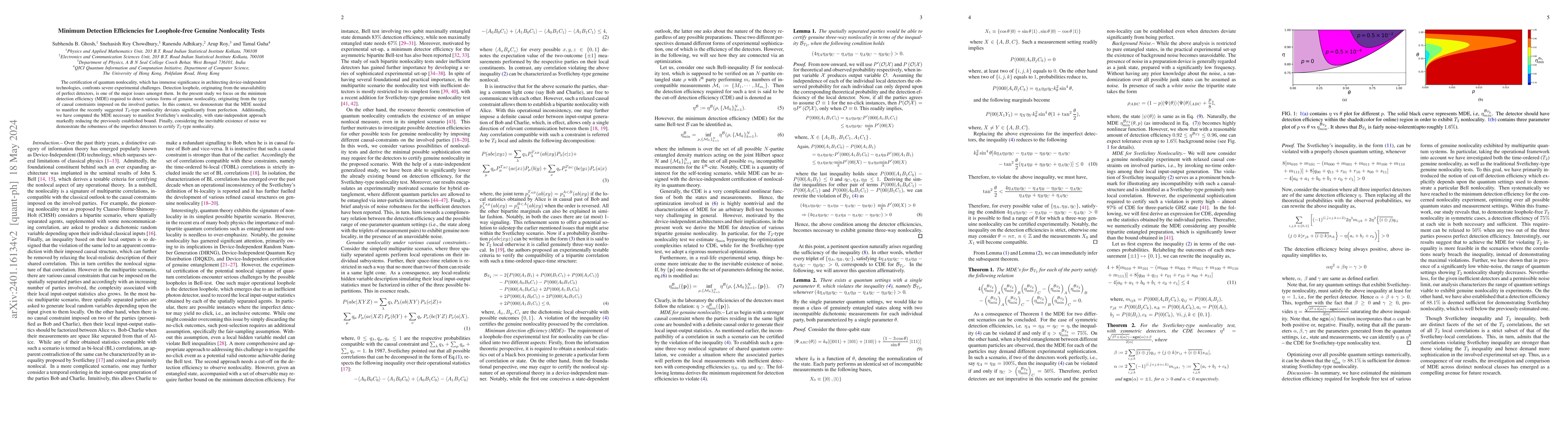 Thumbnail for Minimum Detection Efficiencies for Loophole-free Genuine Nonlocality
  Tests