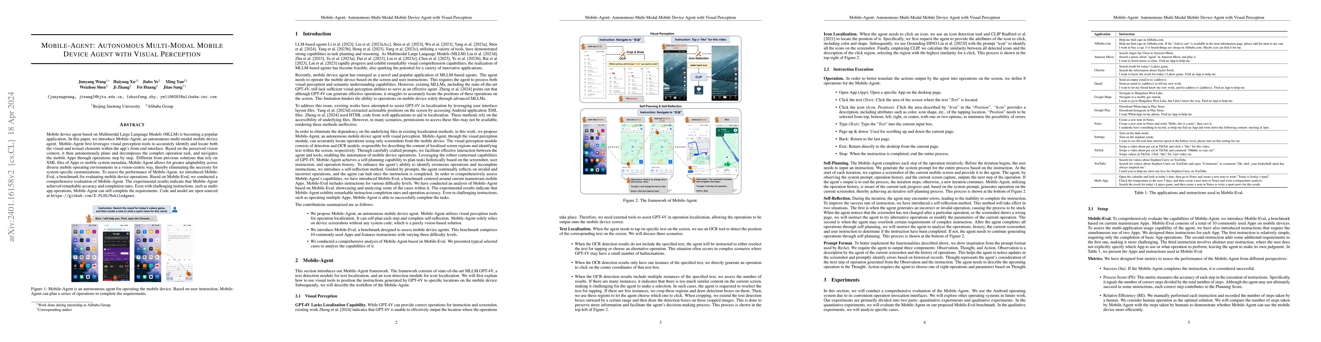 Thumbnail for Mobile-Agent: Autonomous Multi-Modal Mobile Device Agent with Visual
  Perception