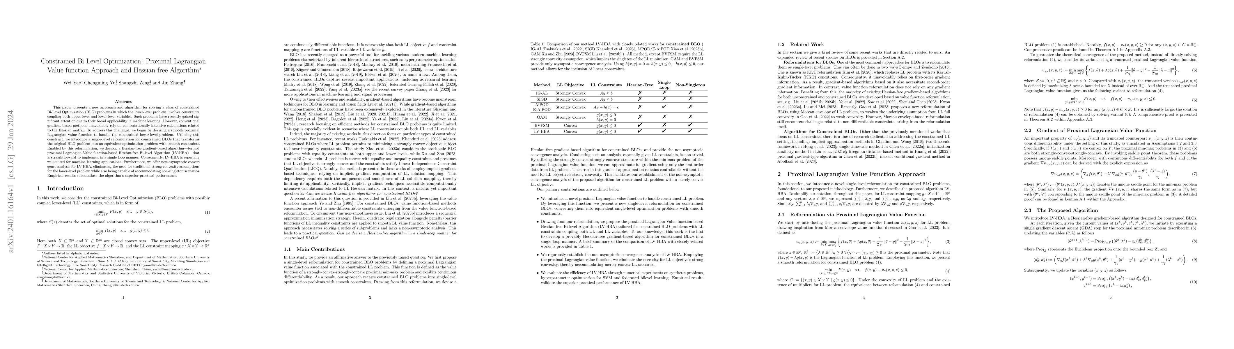 Thumbnail for Constrained Bi-Level Optimization: Proximal Lagrangian Value function
  Approach and Hessian-free Algorithm
