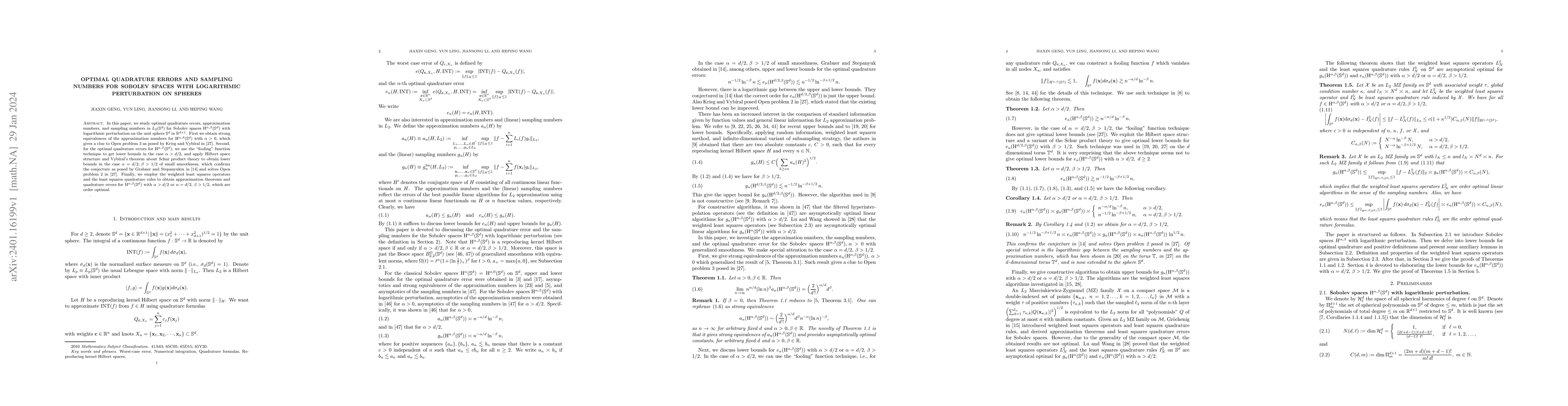 Thumbnail for Optimal quadrature errors and sampling numbers for Sobolev spaces with
  logarithmic perturbation on spheres