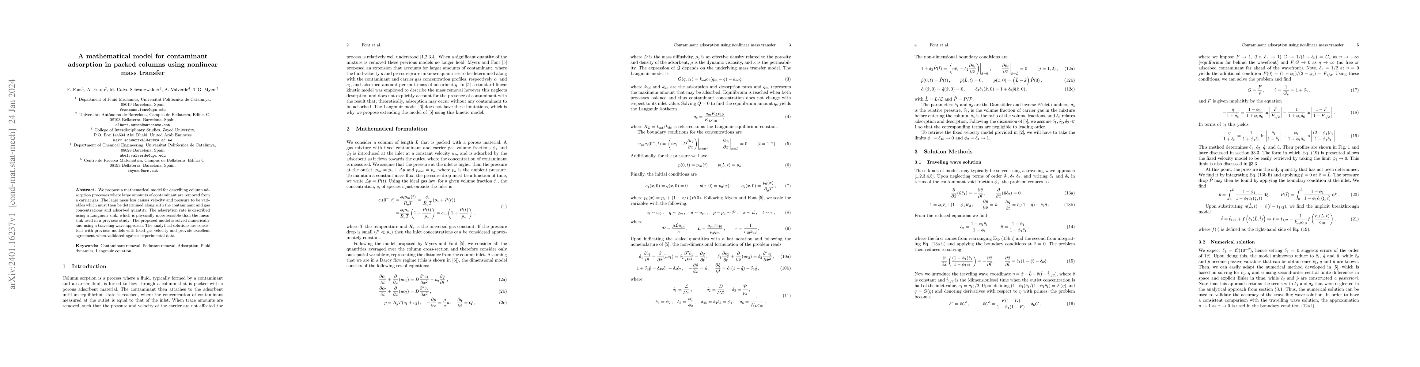 Thumbnail for A mathematical model for contaminant adsorption in packed columns using
  nonlinear mass transfer