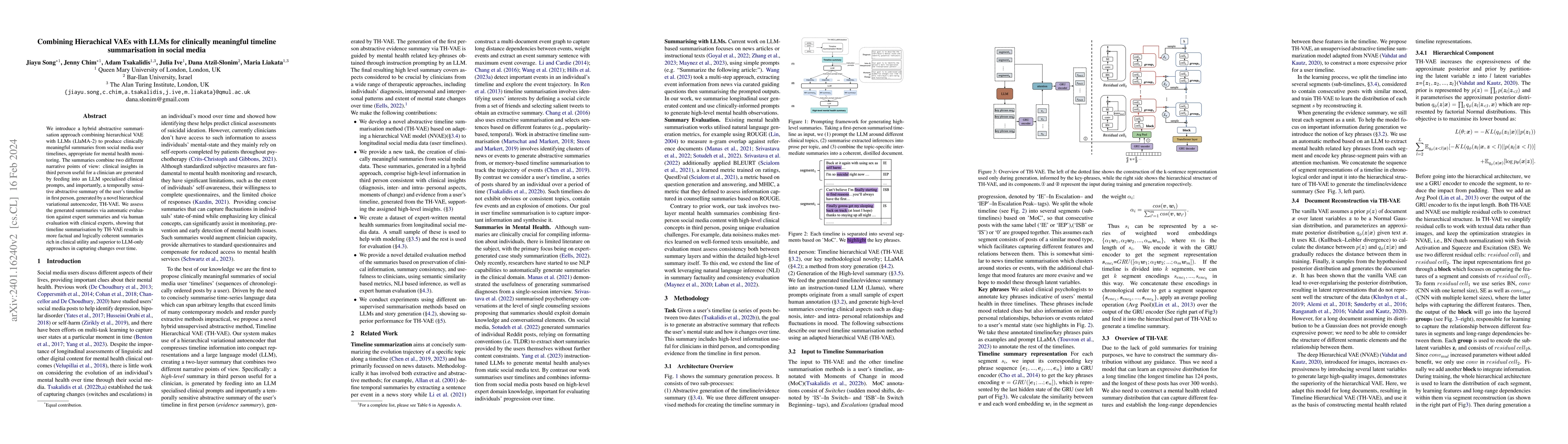 Thumbnail for Combining Hierachical VAEs with LLMs for clinically meaningful timeline
  summarisation in social media