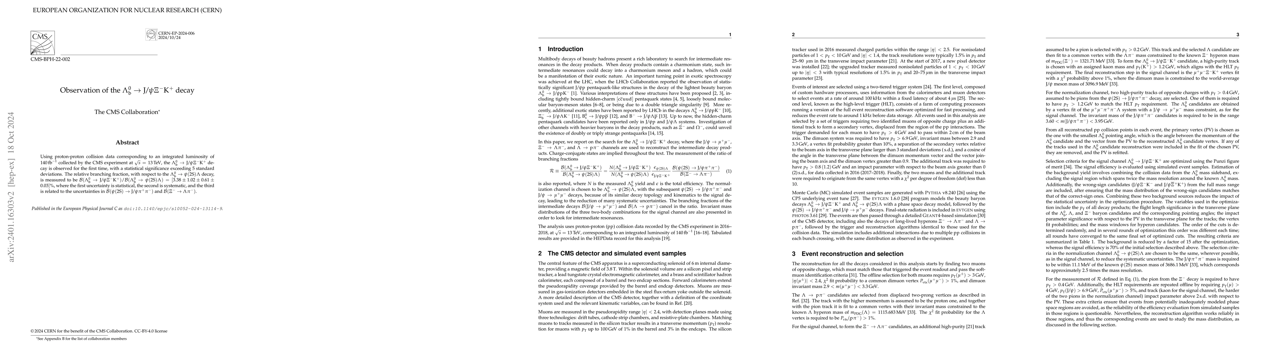 Thumbnail for Observation of the $\Lambda_\text{b}^0$ $\to$ J/$\psi\Xi^-$K$^+$ decay