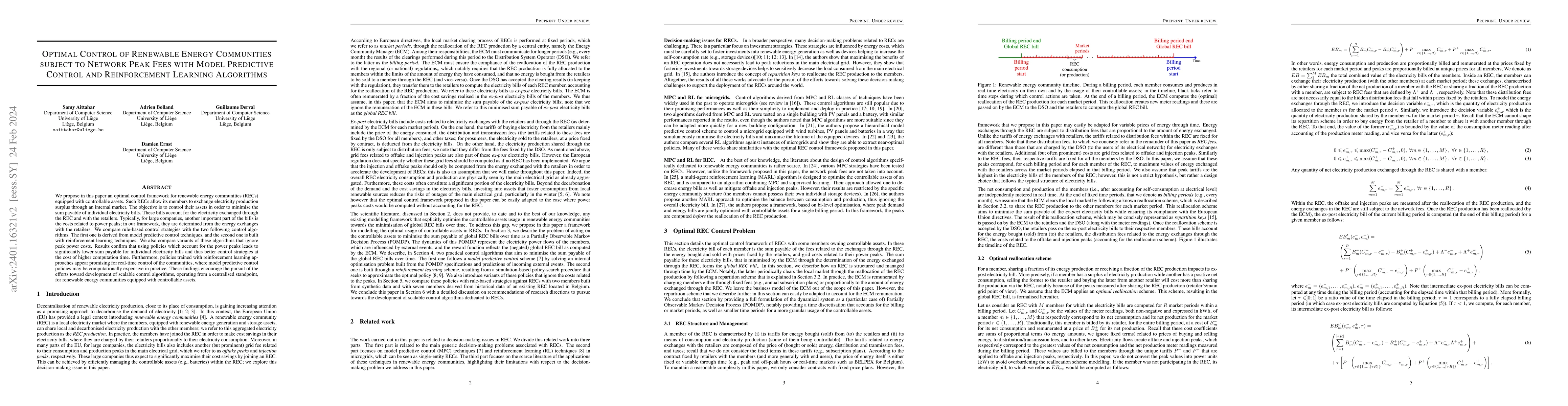 Thumbnail for Optimal Control of Renewable Energy Communities subject to Network Peak
  Fees with Model Predictive Control and Reinforcement Learning Algorithms