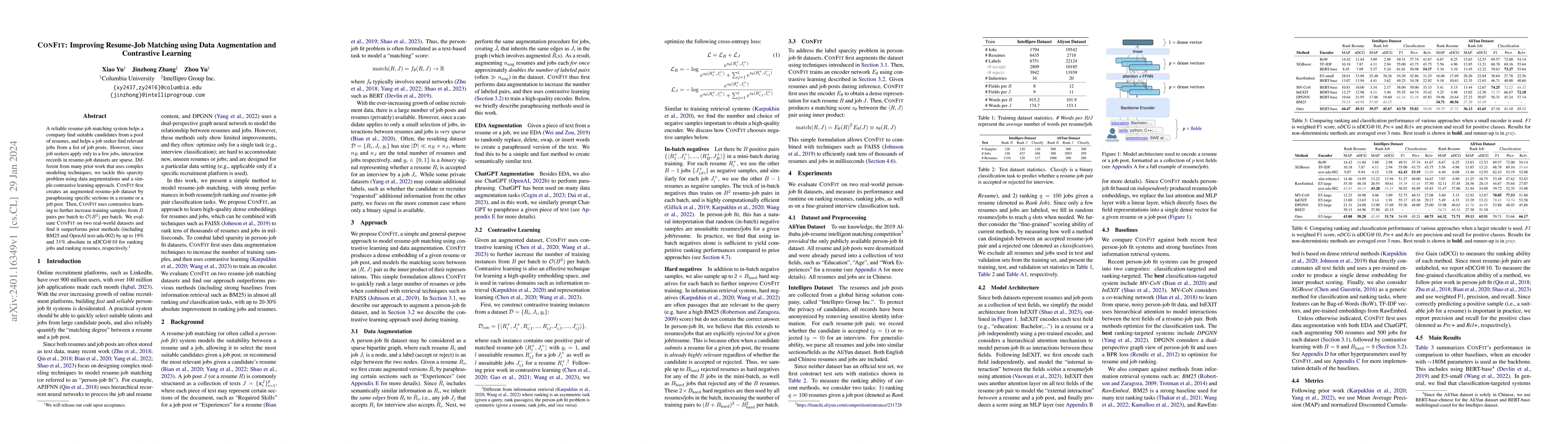 Thumbnail for ConFit: Improving Resume-Job Matching using Data Augmentation and
  Contrastive Learning