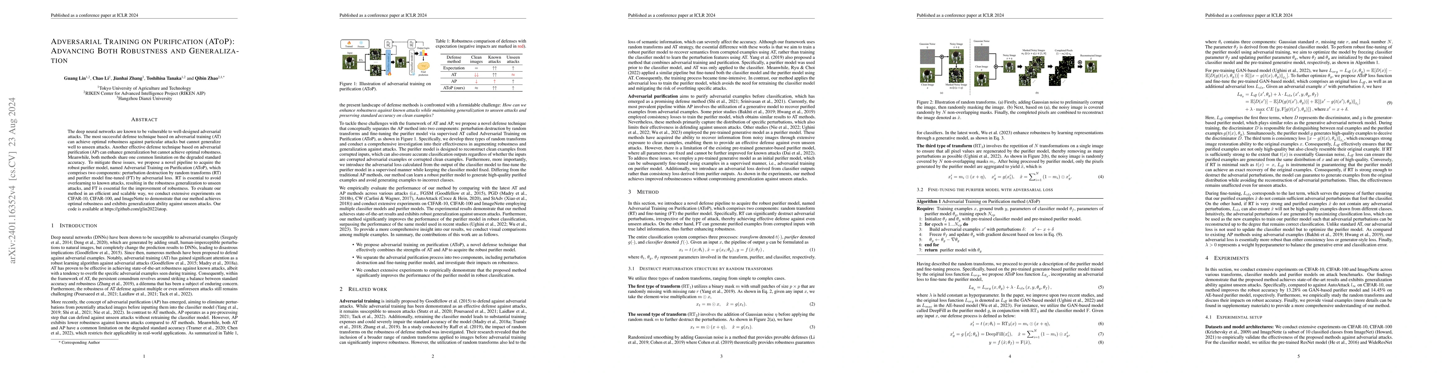 Thumbnail for Adversarial Training on Purification (AToP): Advancing Both Robustness
  and Generalization