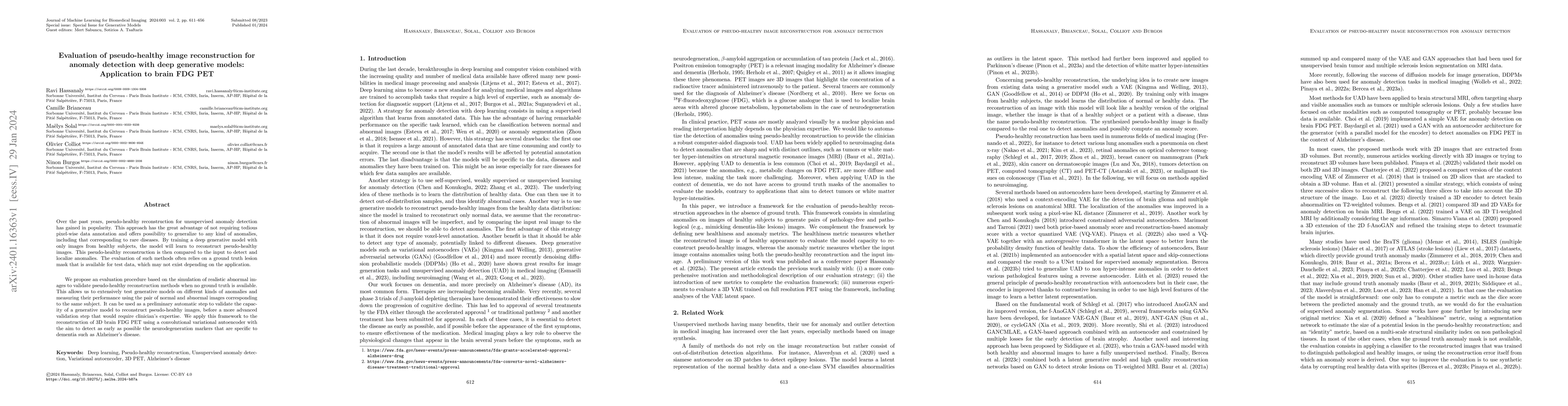 Thumbnail for Evaluation of pseudo-healthy image reconstruction for anomaly detection
  with deep generative models: Application to brain FDG PET
