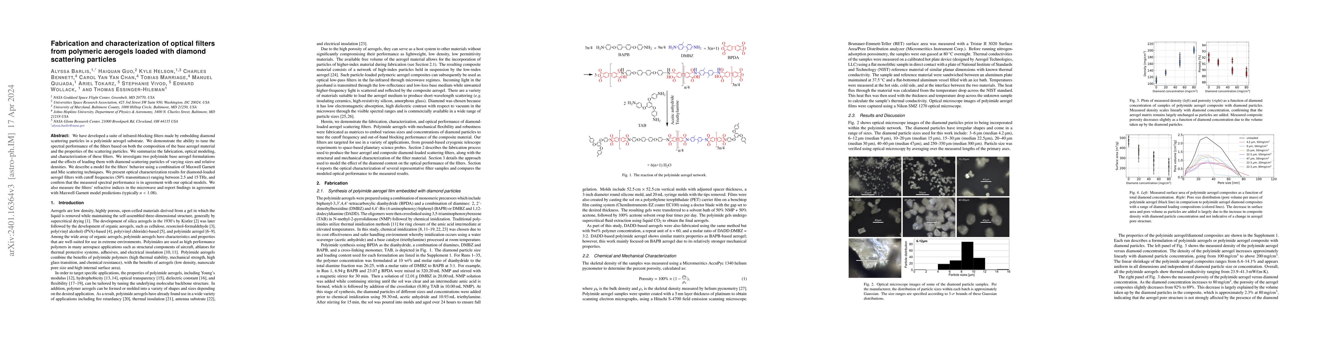 Thumbnail for Fabrication and characterization of optical filters from polymeric
  aerogels loaded with diamond scattering particles
