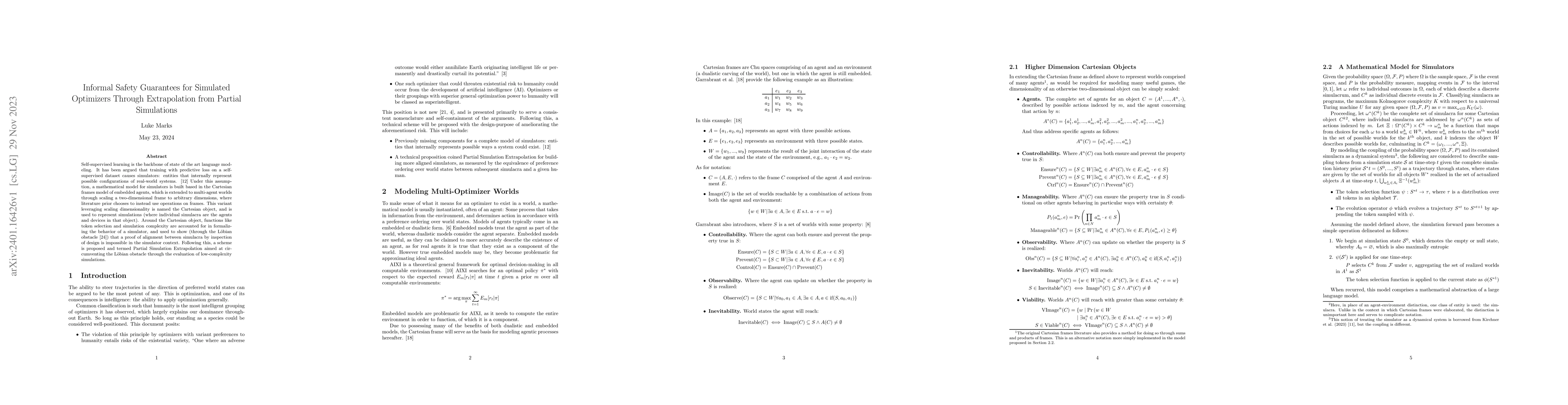 Thumbnail for Informal Safety Guarantees for Simulated Optimizers Through
  Extrapolation from Partial Simulations