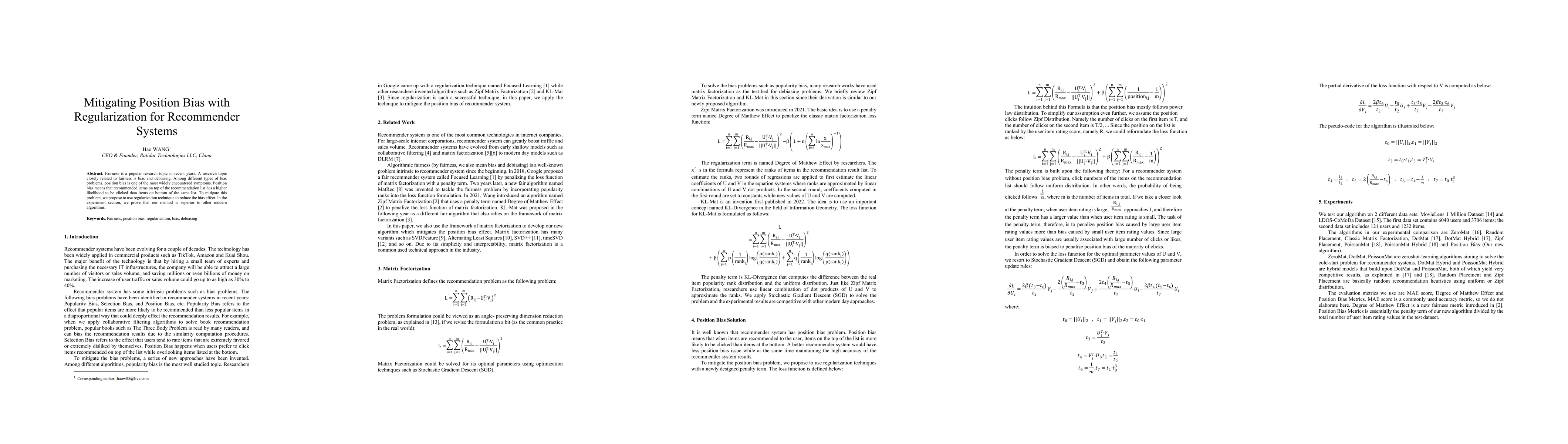 Thumbnail for Mitigating Position Bias with Regularization for Recommender Systems
