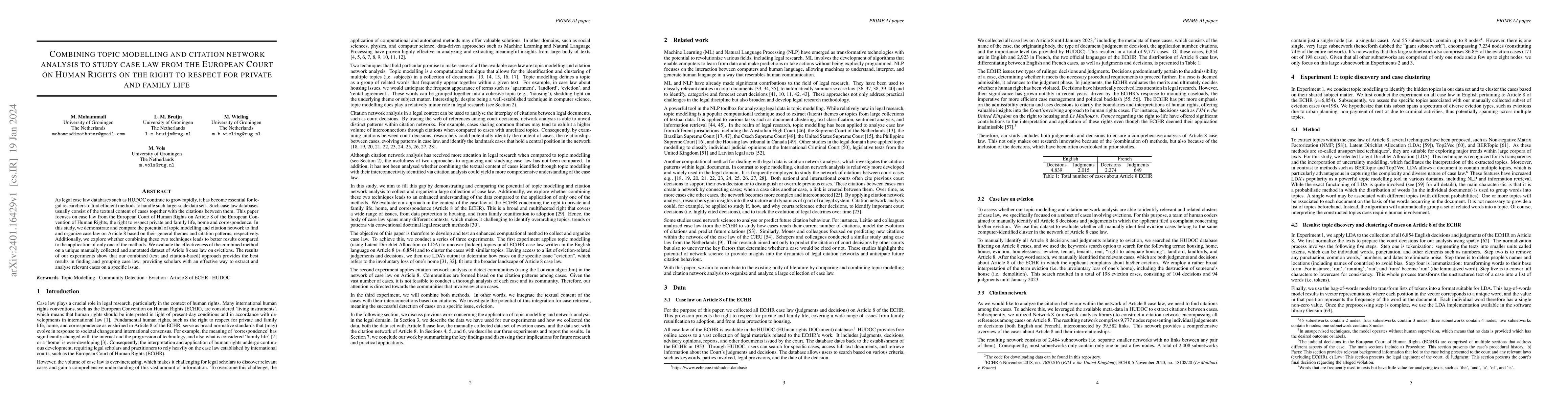 Thumbnail for Combining topic modelling and citation network analysis to study case
  law from the European Court on Human Rights on the right to respect for
  private and family life
