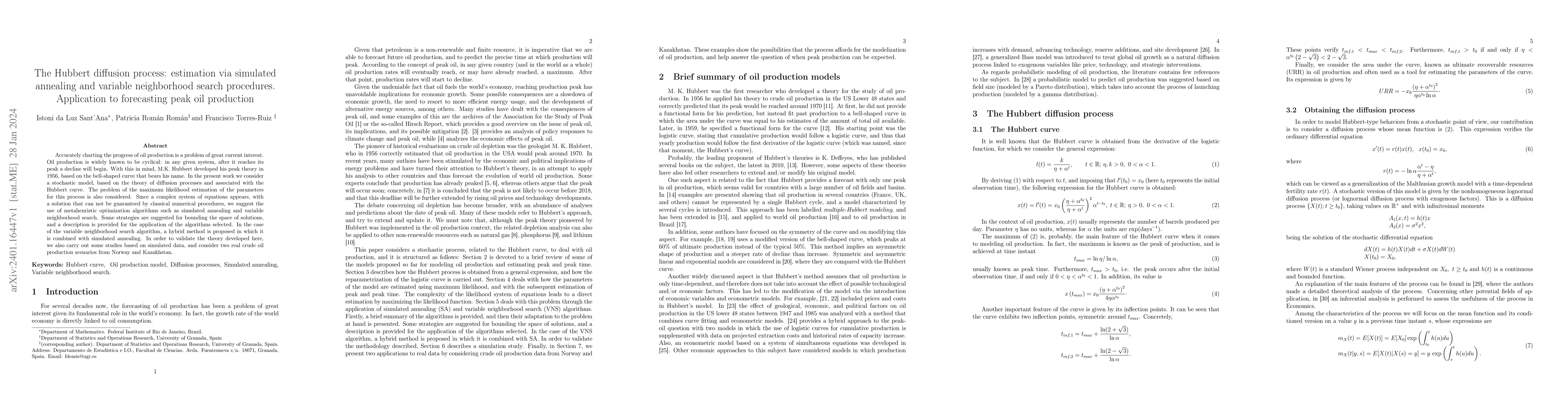 Thumbnail for The Hubbert diffusion process: Estimation via simulated annealing and
  variable neighborhood search procedures. Application to forecasting peak oil
  production