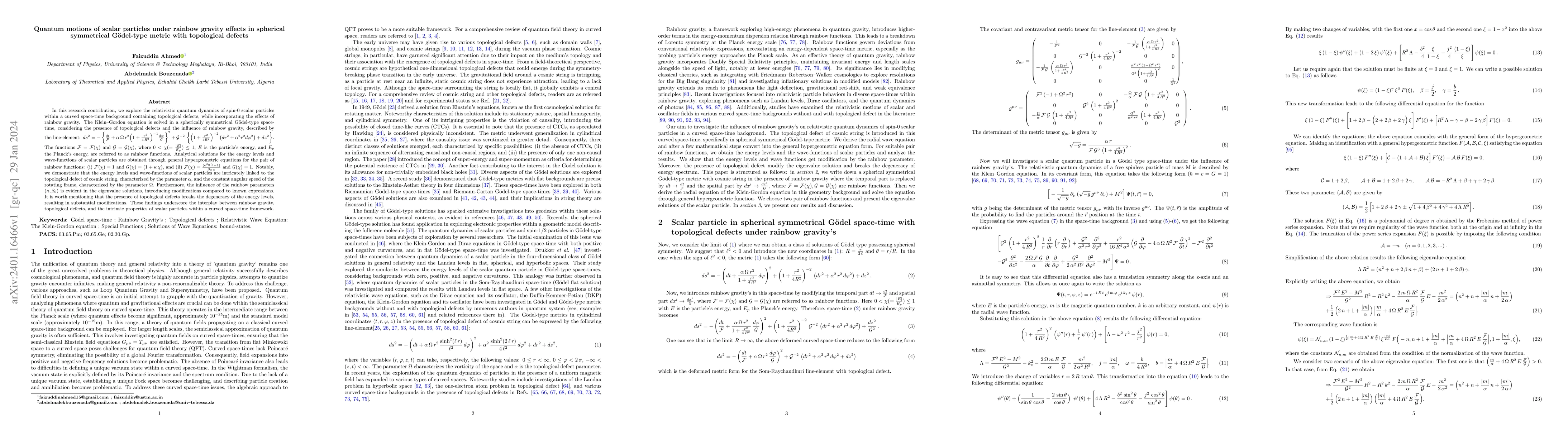Thumbnail for Quantum motions of scalar particles under rainbow gravity effects in
  spherical symmetrical G\"odel-type metric with topological defects