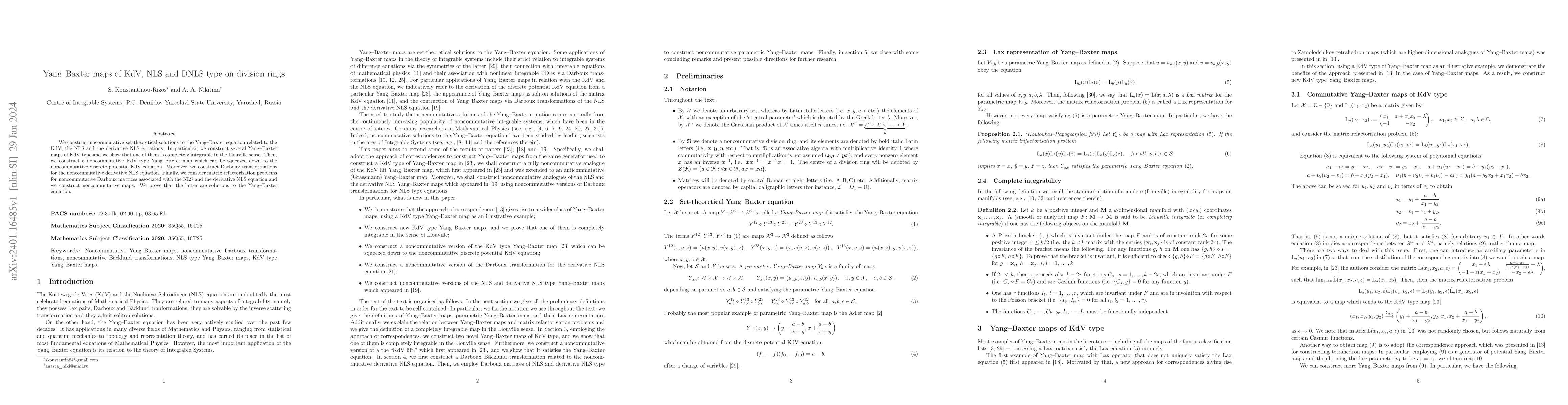 Thumbnail for Yang--Baxter maps of KdV, NLS and DNLS type on division rings
