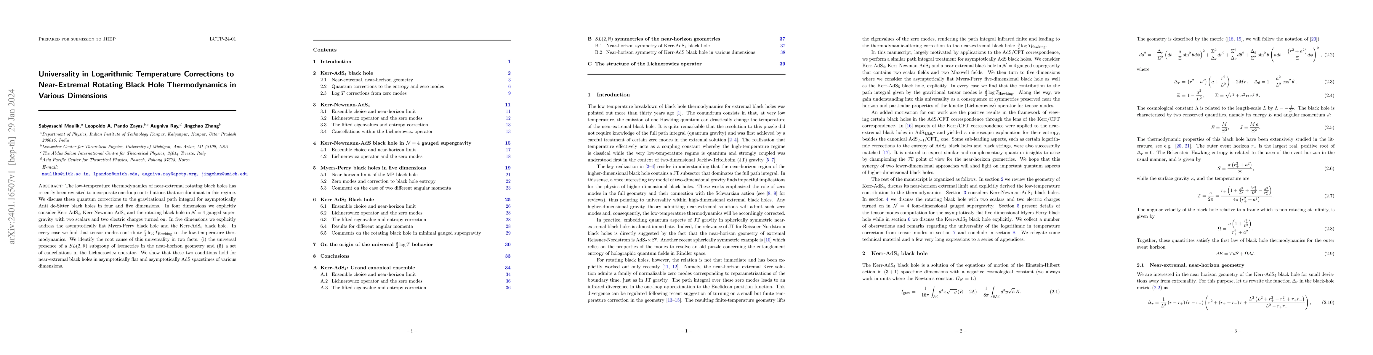 Thumbnail for Universality in Logarithmic Temperature Corrections to Near-Extremal
  Rotating Black Hole Thermodynamics in Various Dimensions