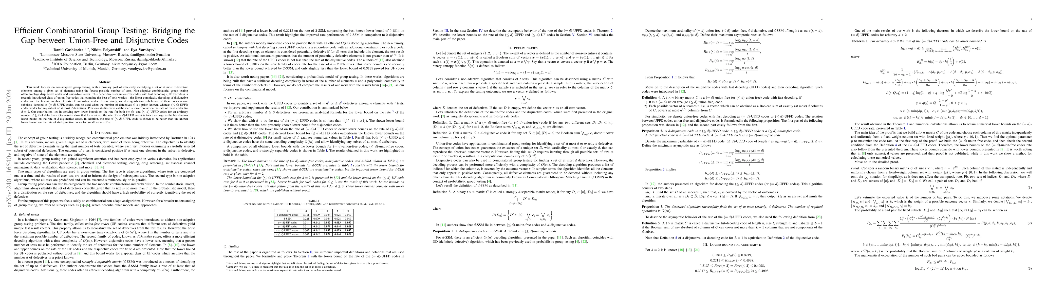 Thumbnail for Efficient Combinatorial Group Testing: Bridging the Gap between
  Union-Free and Disjunctive Codes