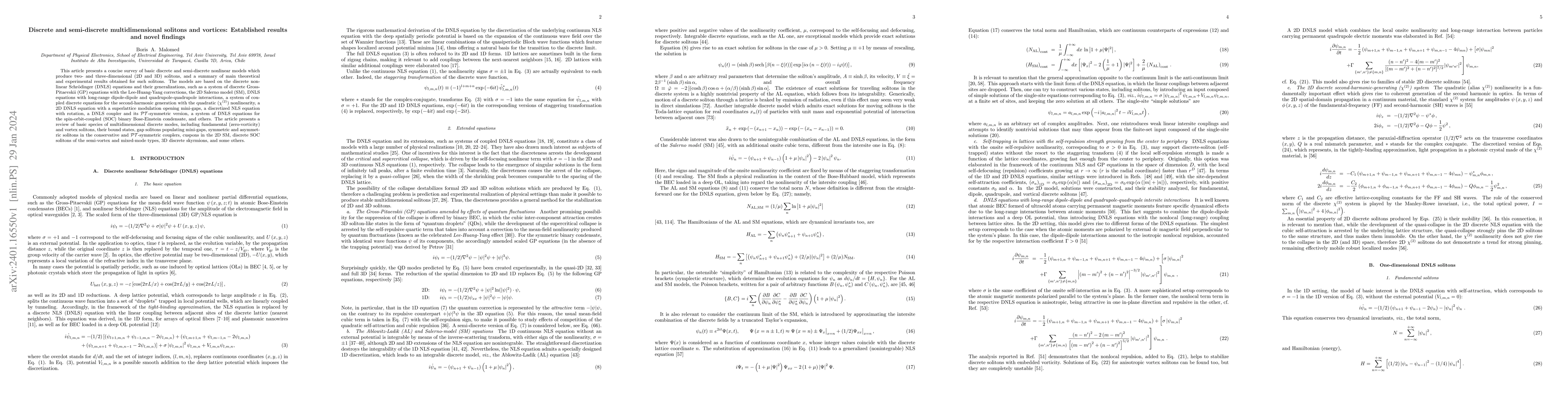 Thumbnail for Discrete and semi-discrete multidimensional solitons and vortices:
  Established results and novel findings