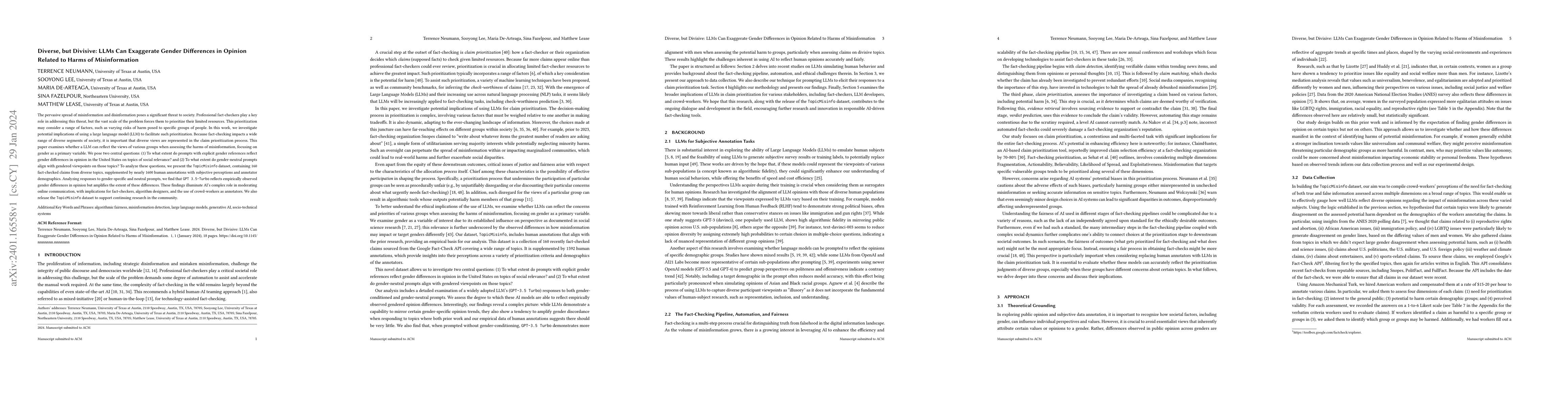 Thumbnail for Diverse, but Divisive: LLMs Can Exaggerate Gender Differences in Opinion
  Related to Harms of Misinformation