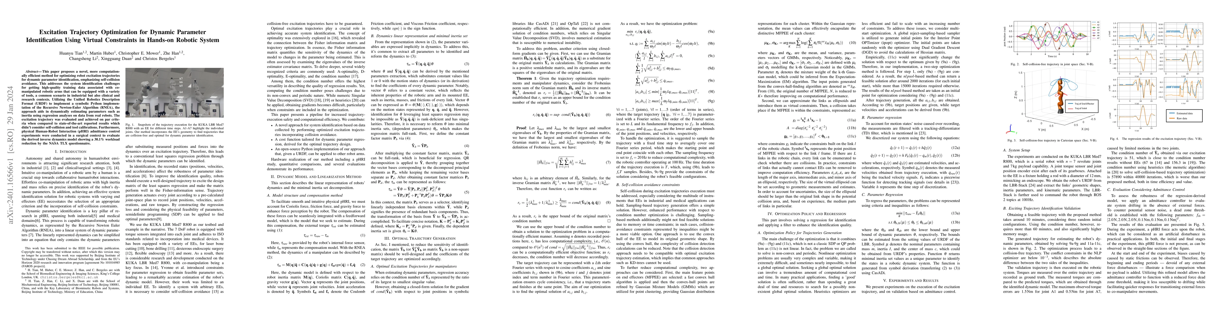 Thumbnail for Excitation Trajectory Optimization for Dynamic Parameter Identification
  Using Virtual Constraints in Hands-on Robotic System