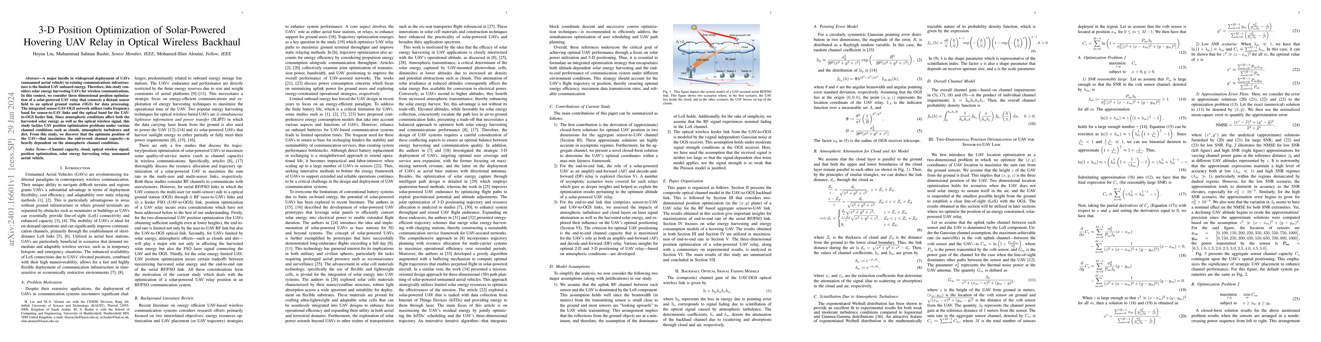 Thumbnail for 3-D Position Optimization of Solar-Powered Hovering UAV Relay in Optical
  Wireless Backhaul