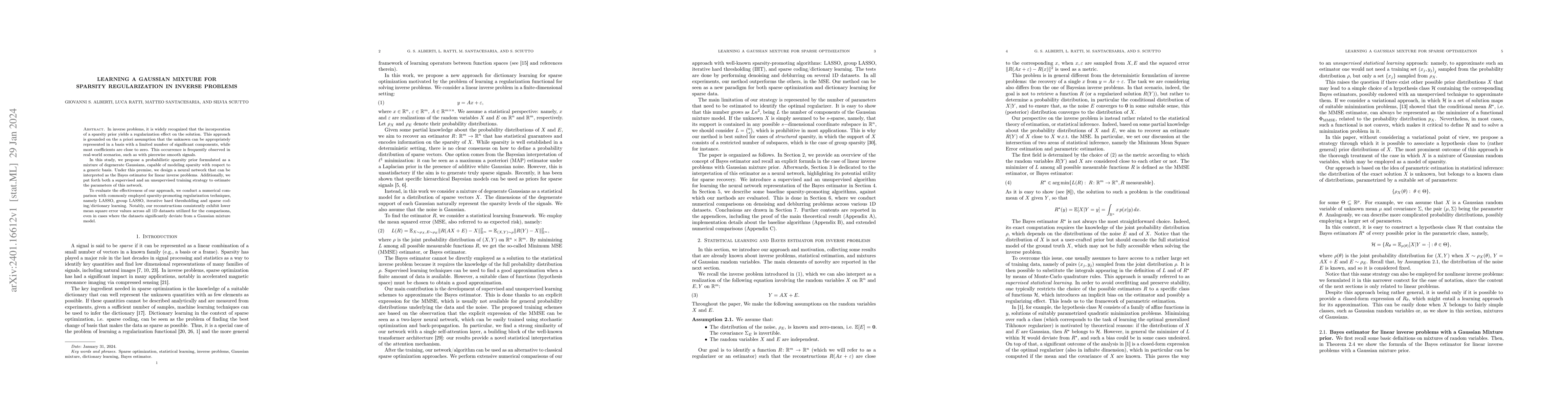 Thumbnail for Learning a Gaussian Mixture for Sparsity Regularization in Inverse
  Problems