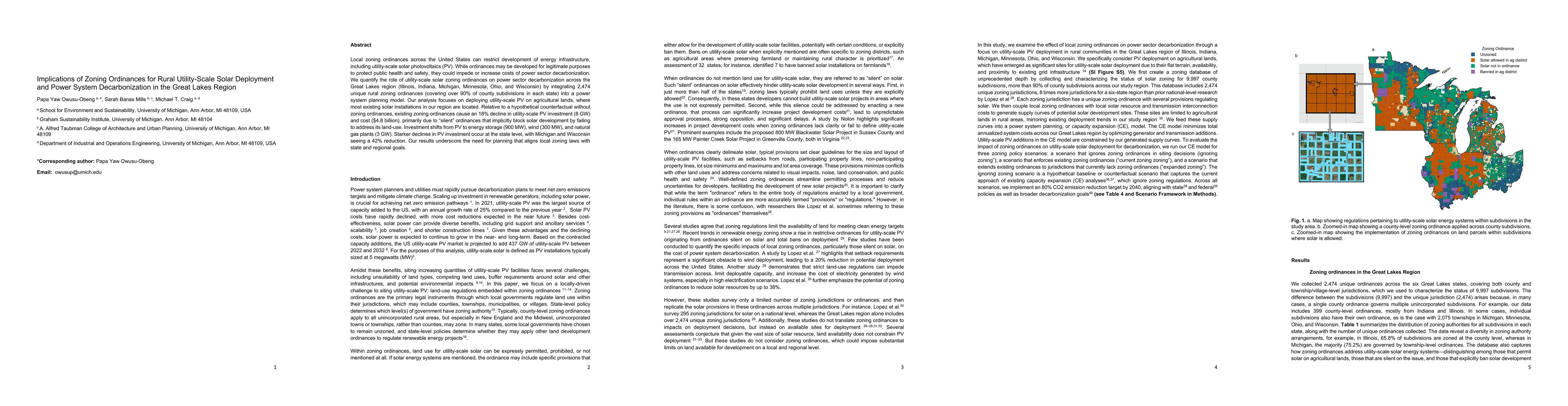 Thumbnail for Implications of Zoning Ordinances for Rural Utility-Scale Solar
  Deployment and Power System Decarbonization in the Great Lakes Region