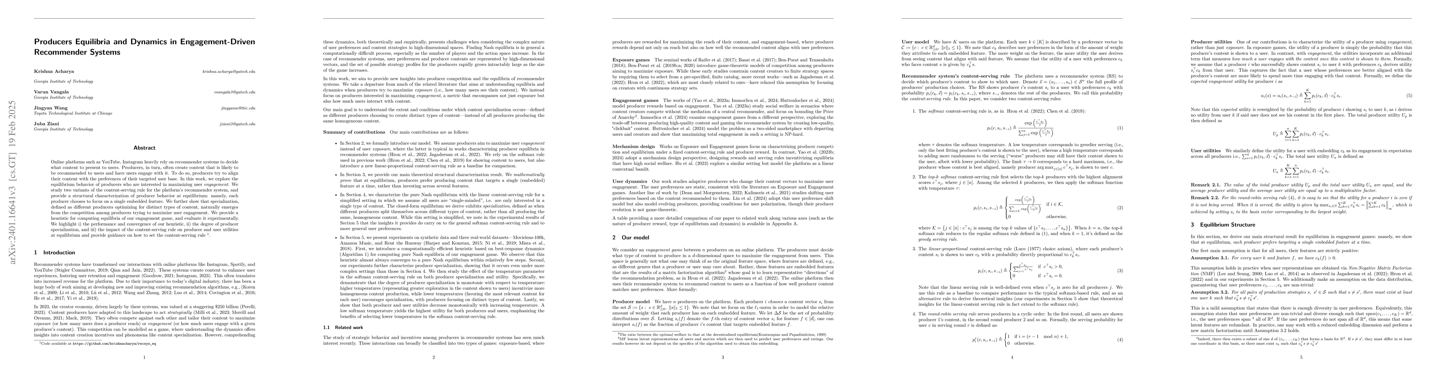 Thumbnail for Producers Equilibria and Dynamics in Engagement-Driven Recommender
  Systems