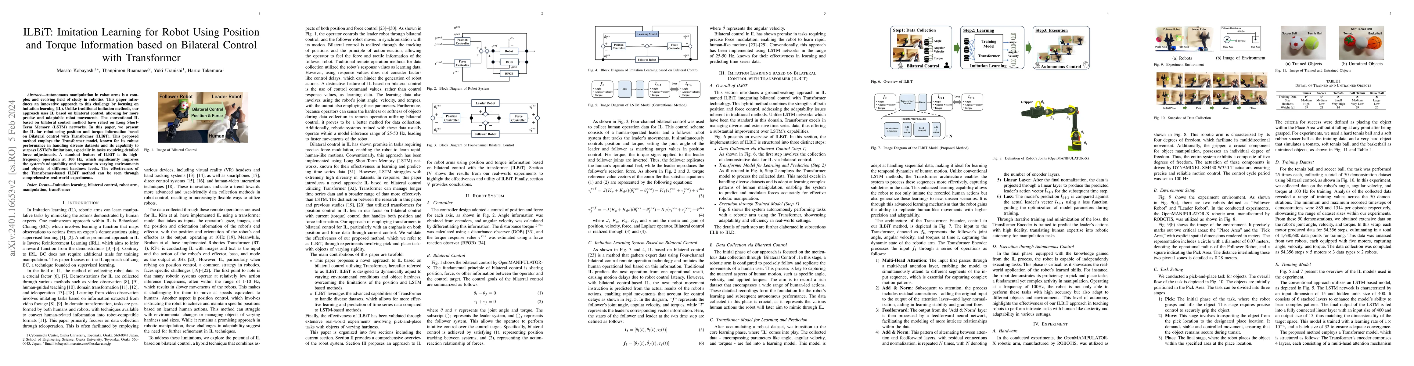 Thumbnail for ILBiT: Imitation Learning for Robot Using Position and Torque
  Information based on Bilateral Control with Transformer