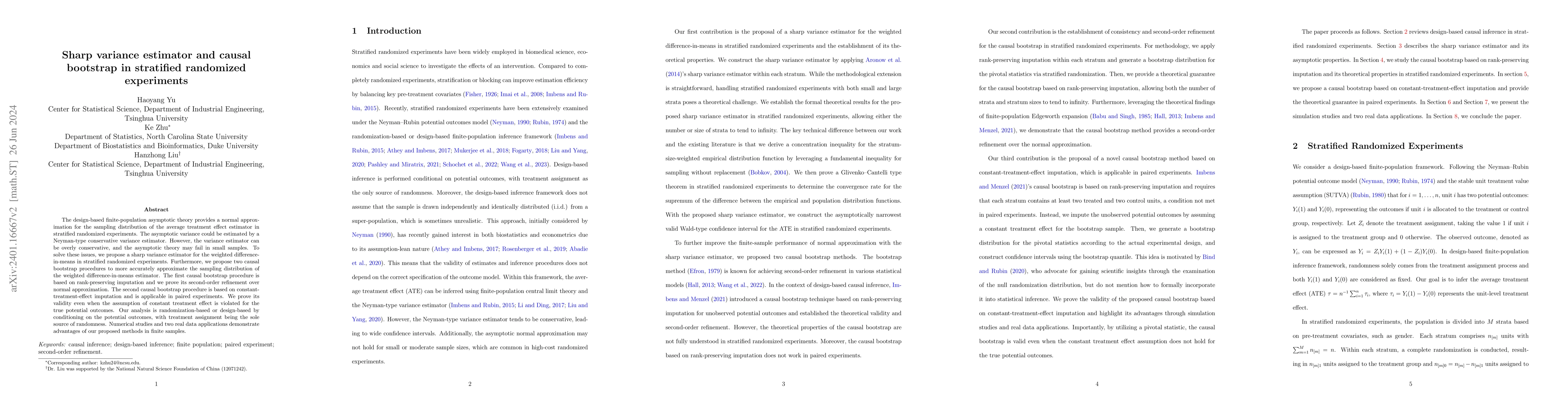 Thumbnail for Sharp variance estimator and causal bootstrap in stratified randomized
  experiments