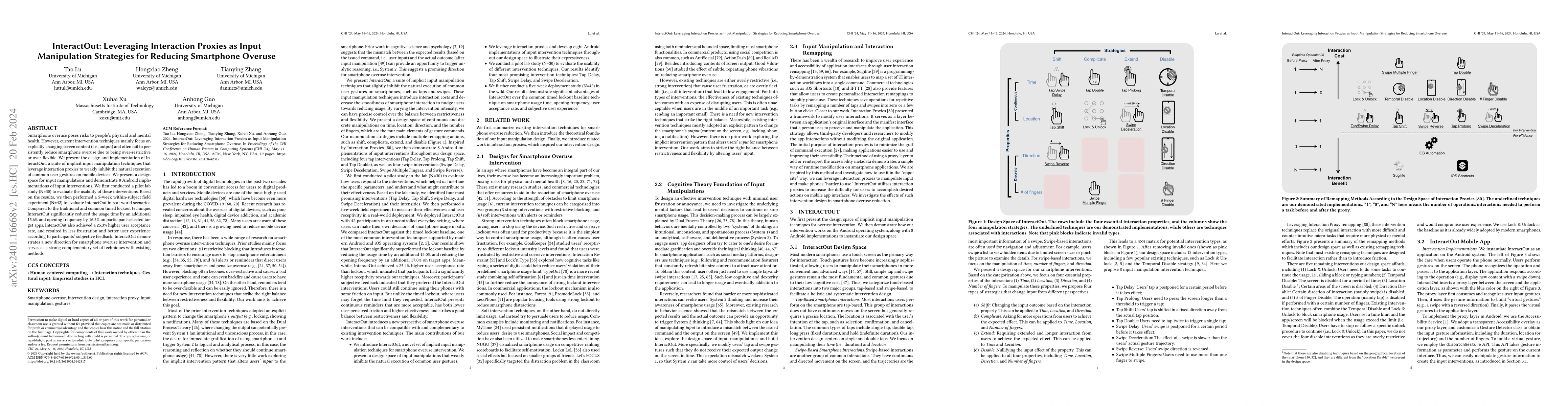 Thumbnail for InteractOut: Leveraging Interaction Proxies as Input Manipulation
  Strategies for Reducing Smartphone Overuse