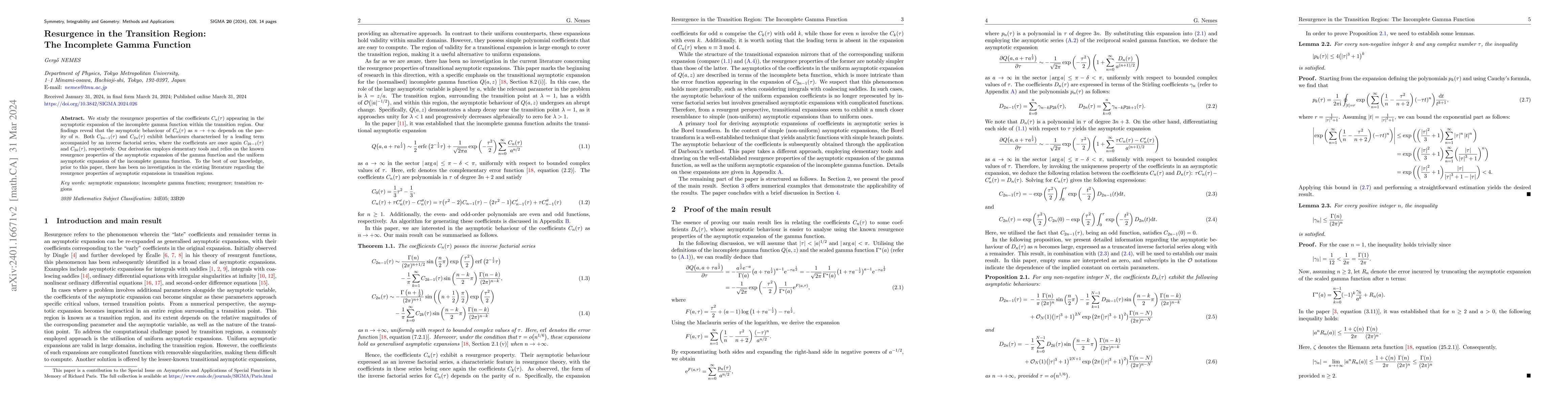 Thumbnail for Resurgence in the Transition Region: The Incomplete Gamma Function