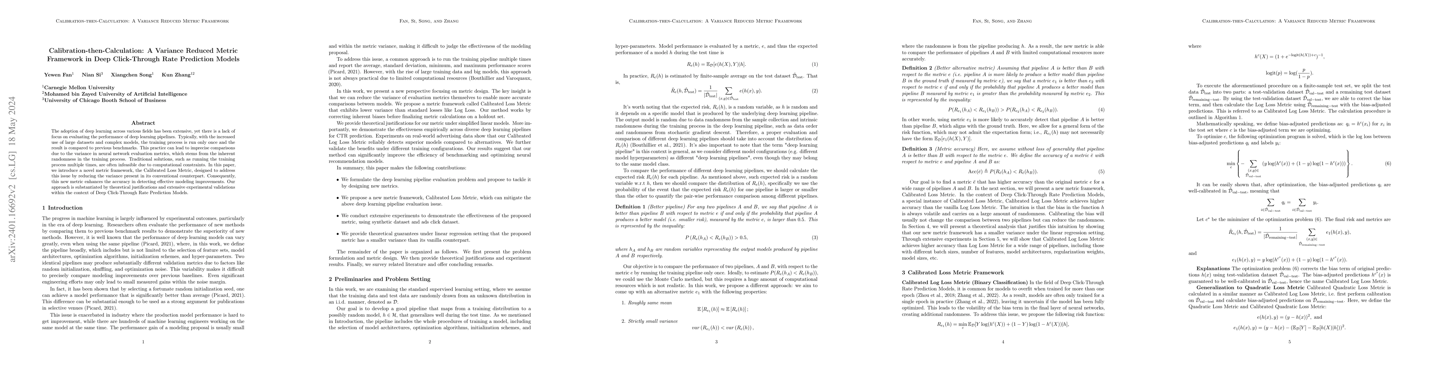 Thumbnail for Calibration-then-Calculation: A Variance Reduced Metric Framework in
  Deep Click-Through Rate Prediction Models