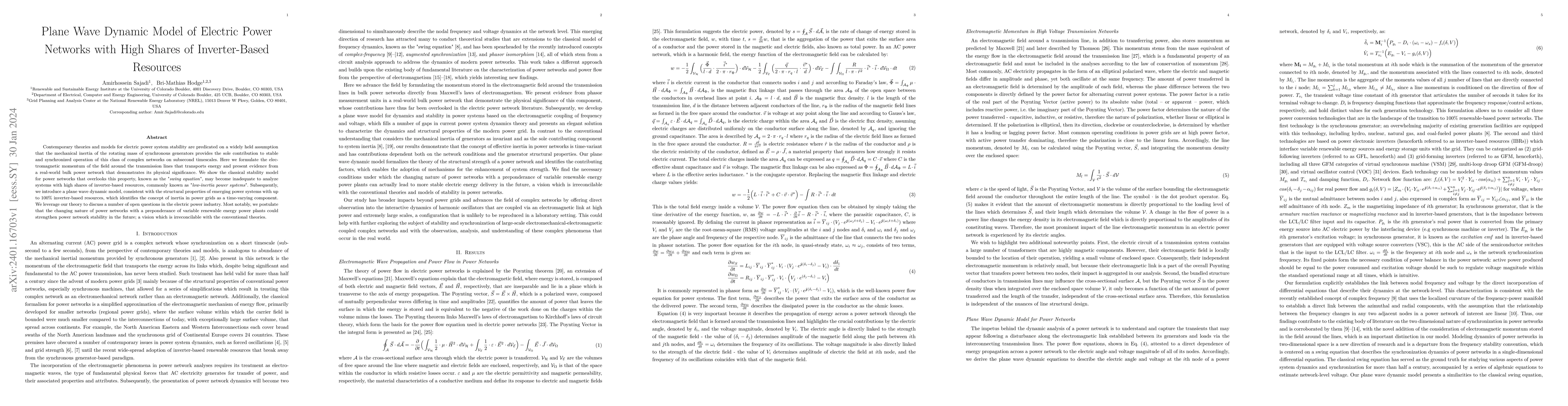 Thumbnail for Plane Wave Dynamic Model of Electric Power Networks with High Shares of
  Inverter-Based Resources
