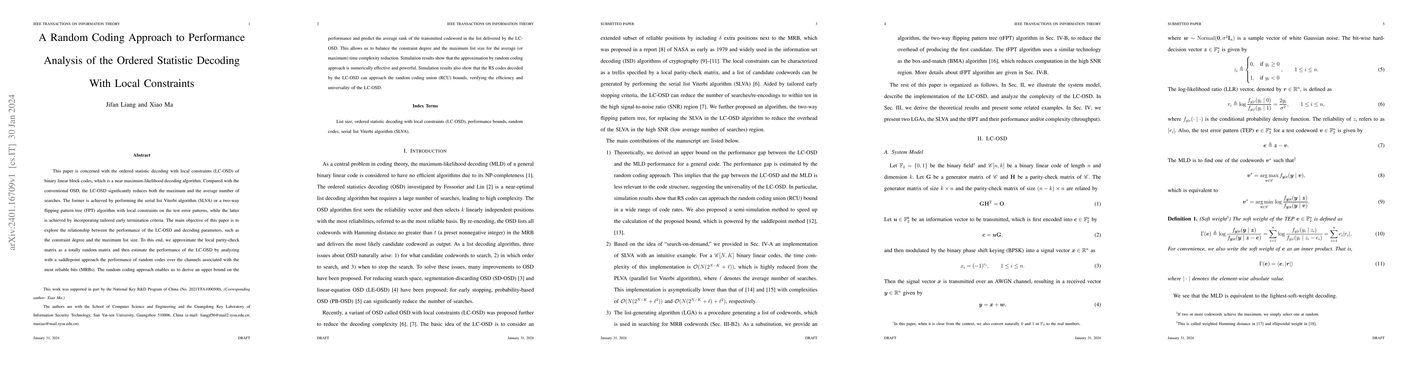 Thumbnail for A Random Coding Approach to Performance Analysis of the Ordered
  Statistic Decoding with Local Constraints