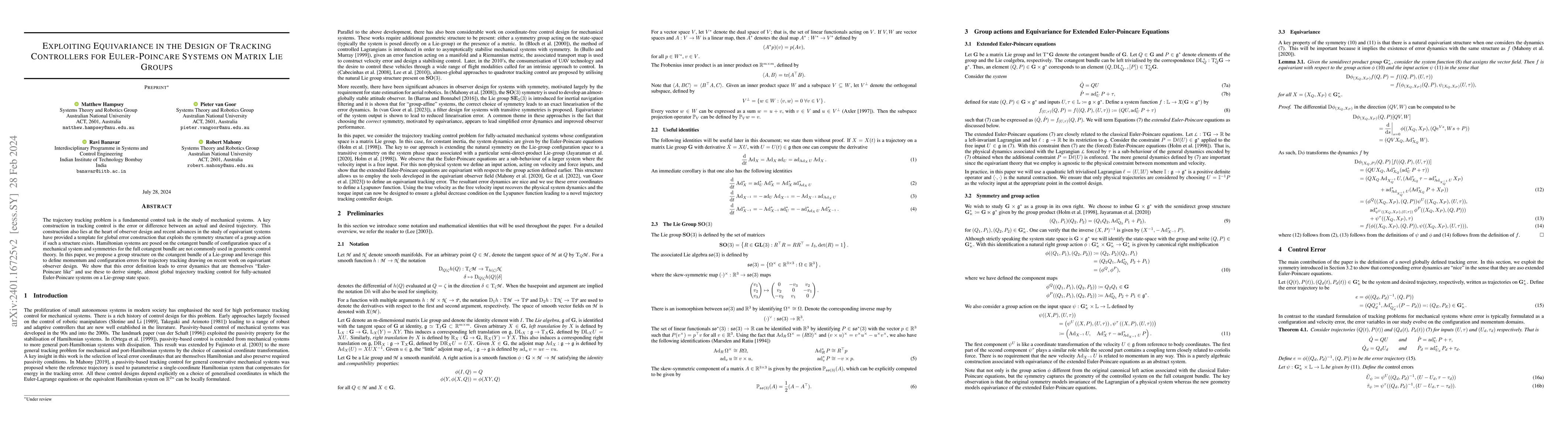 Thumbnail for Exploiting Equivariance in the Design of Tracking Controllers for
  Euler-Poincare Systems on Matrix Lie Groups