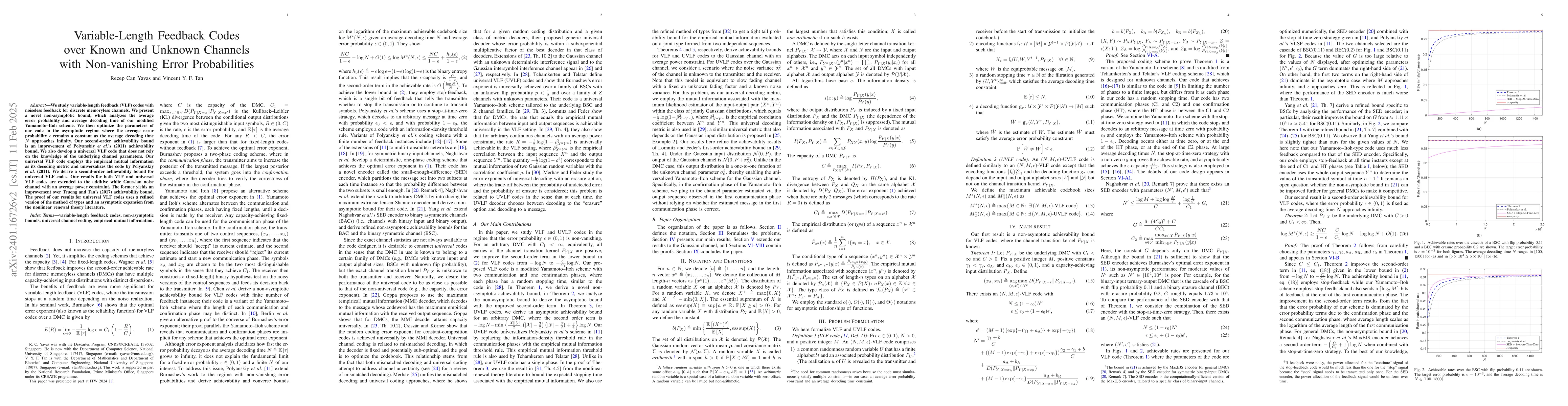Thumbnail for Variable-Length Feedback Codes over Known and Unknown Channels with
  Non-vanishing Error Probabilities
