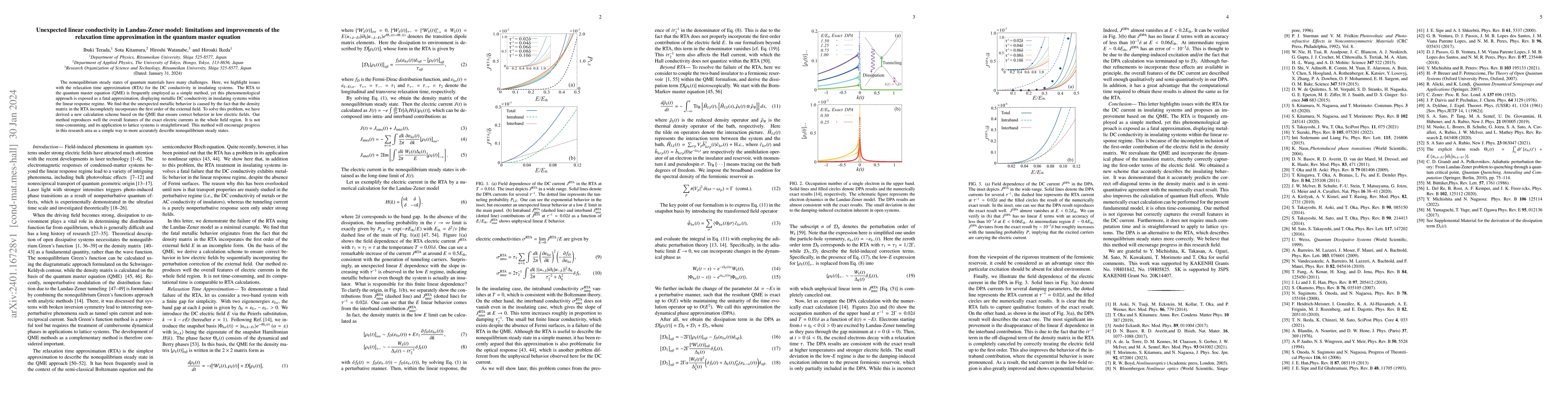 Thumbnail for Unexpected linear conductivity in Landau-Zener model: limitations and
  improvements of the relaxation time approximation in the quantum master
  equation