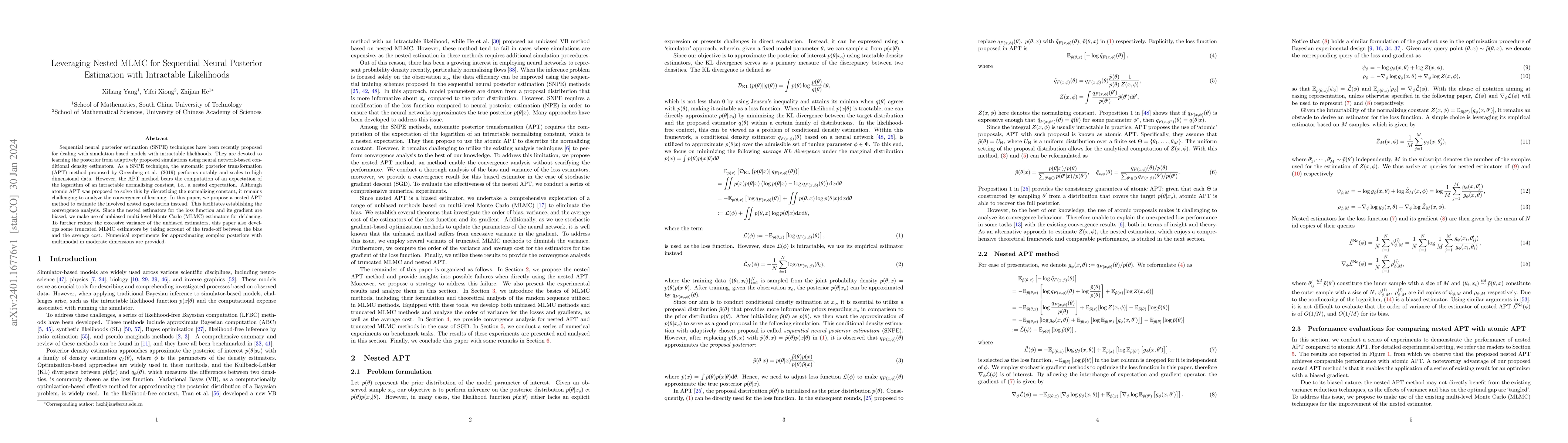 Thumbnail for Leveraging Nested MLMC for Sequential Neural Posterior Estimation with
  Intractable Likelihoods