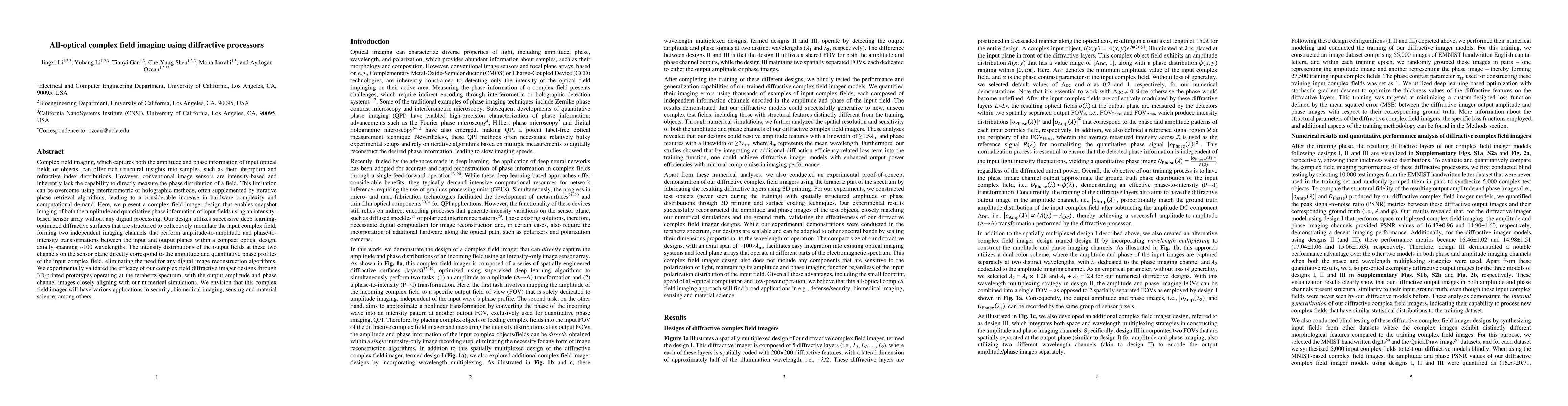 Thumbnail for All-optical complex field imaging using diffractive processors