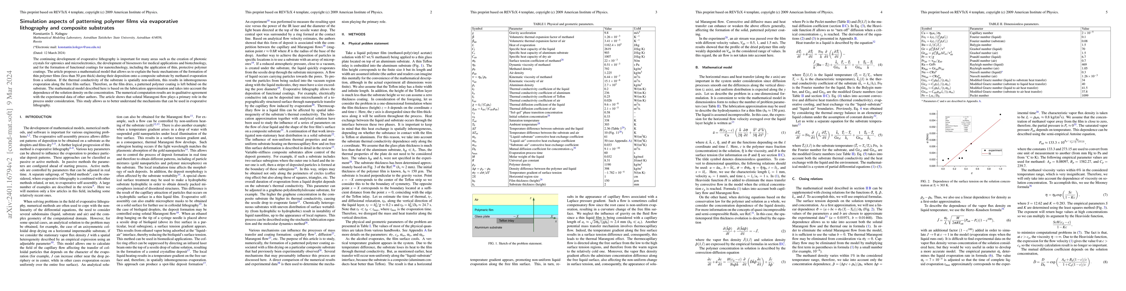 Thumbnail for Simulation aspects of patterning polymer films via evaporative
  lithography and composite substrates