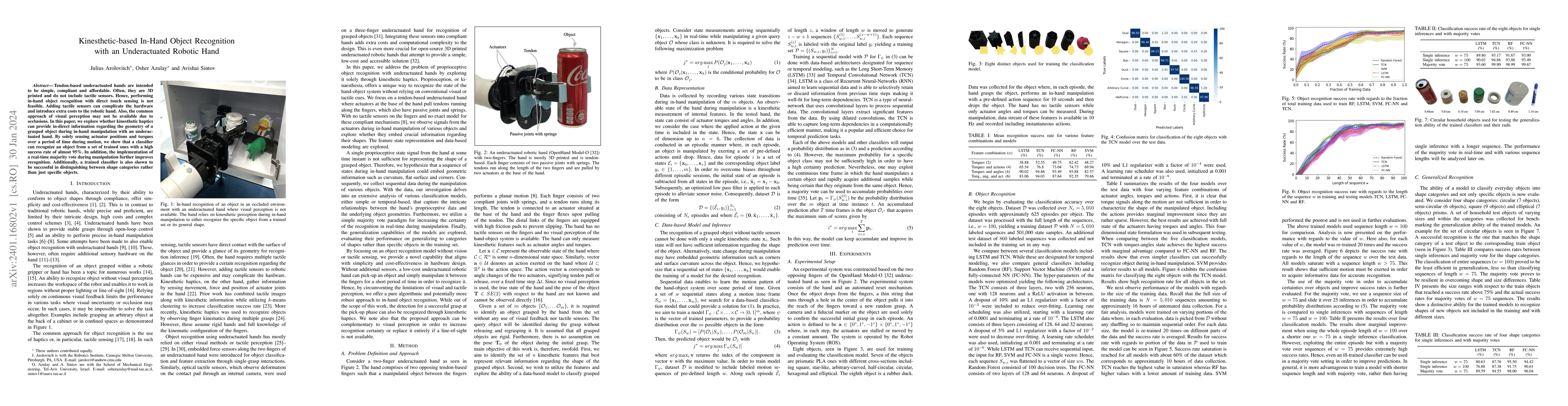 Thumbnail for Kinesthetic-based In-Hand Object Recognition with an Underactuated
  Robotic Hand