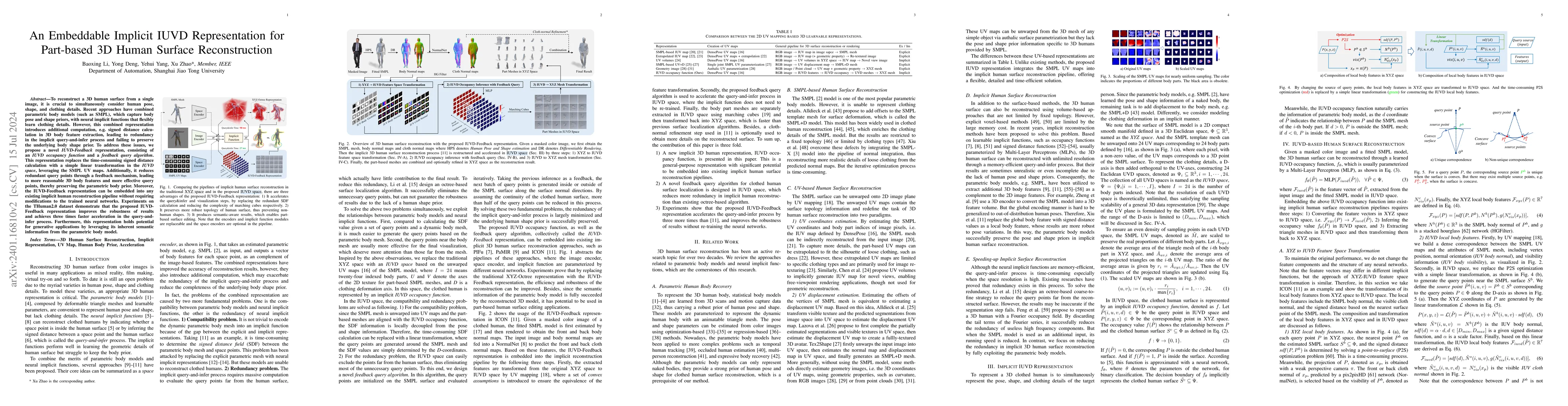 Thumbnail for An Embeddable Implicit IUVD Representation for Part-based 3D Human
  Surface Reconstruction