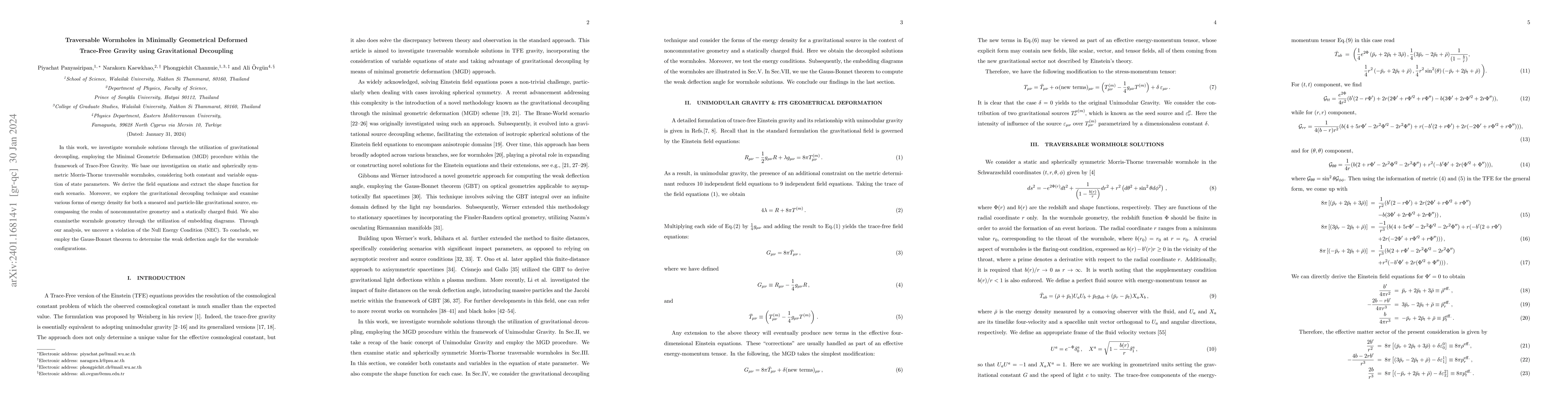 Thumbnail for Traversable Wormholes in Minimally Geometrical Deformed Trace-Free
  Gravity using Gravitational Decoupling