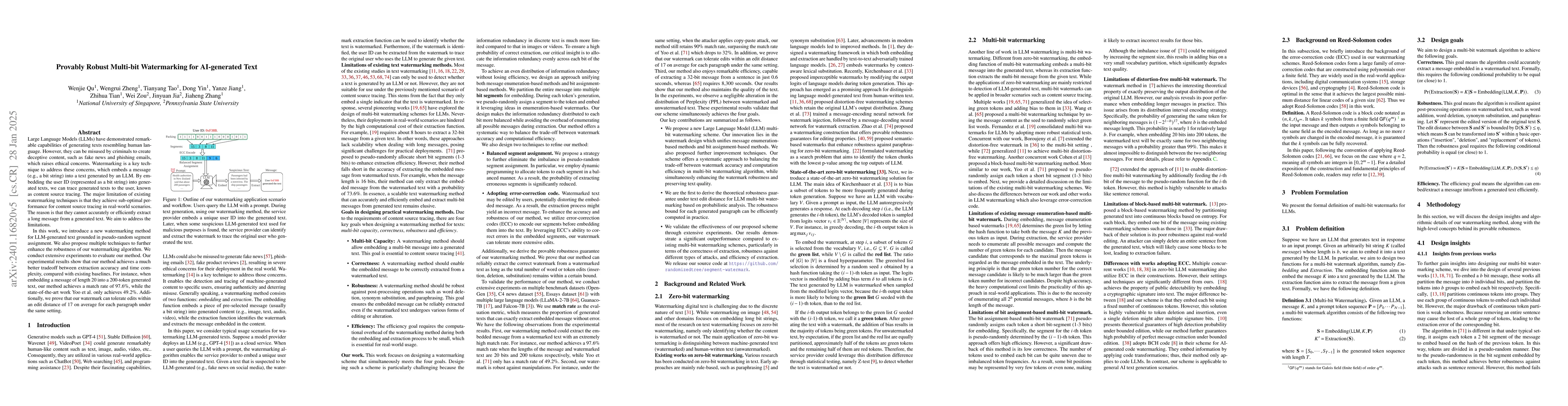 Thumbnail for Provably Robust Multi-bit Watermarking for AI-generated Text via Error
  Correction Code