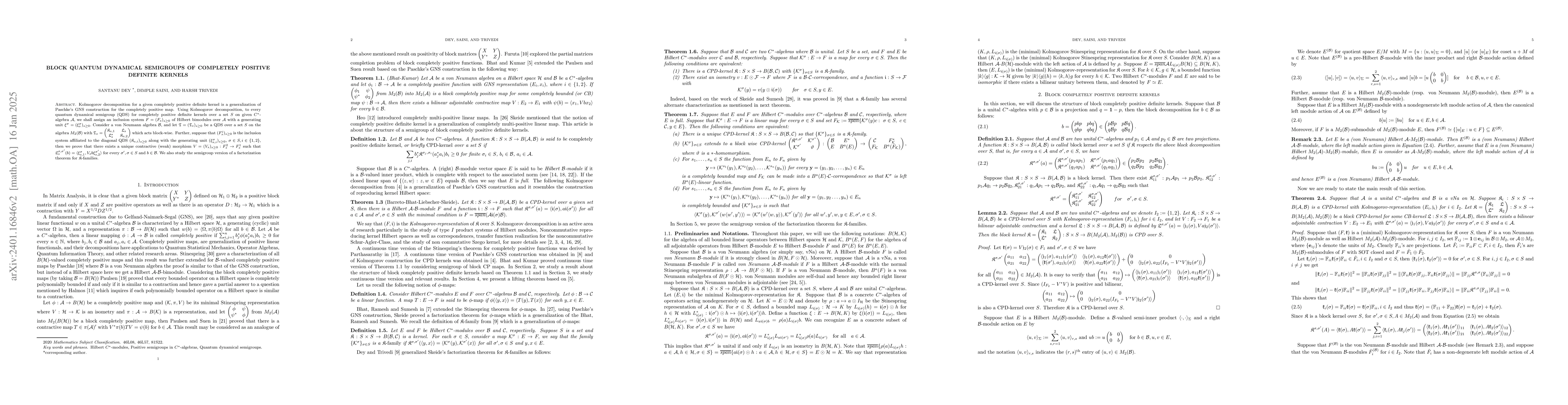 Thumbnail for Block quantum dynamical semigroups of completely positive definite
  kernels