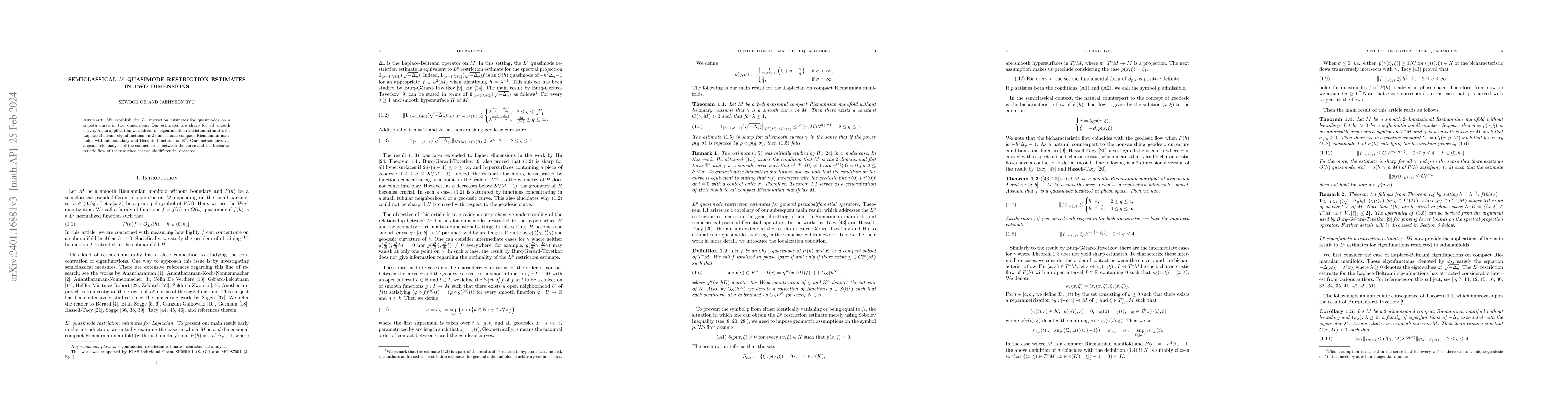 Thumbnail for Semiclassical $L^p$ quasimode restriction estimates in two dimensions