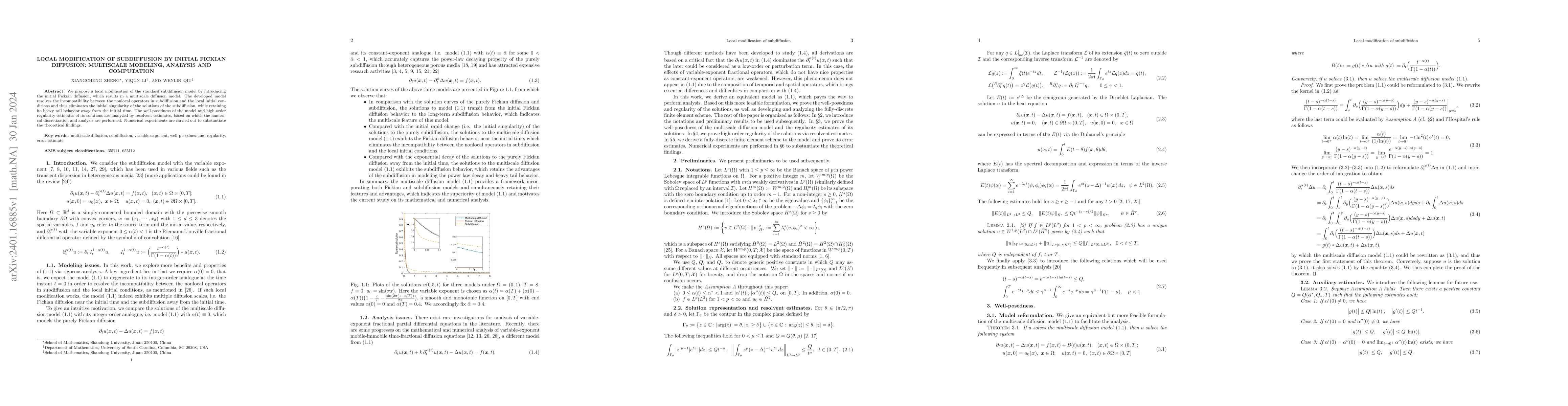 Thumbnail for Local modification of subdiffusion by initial Fickian diffusion:
  Multiscale modeling, analysis and computation