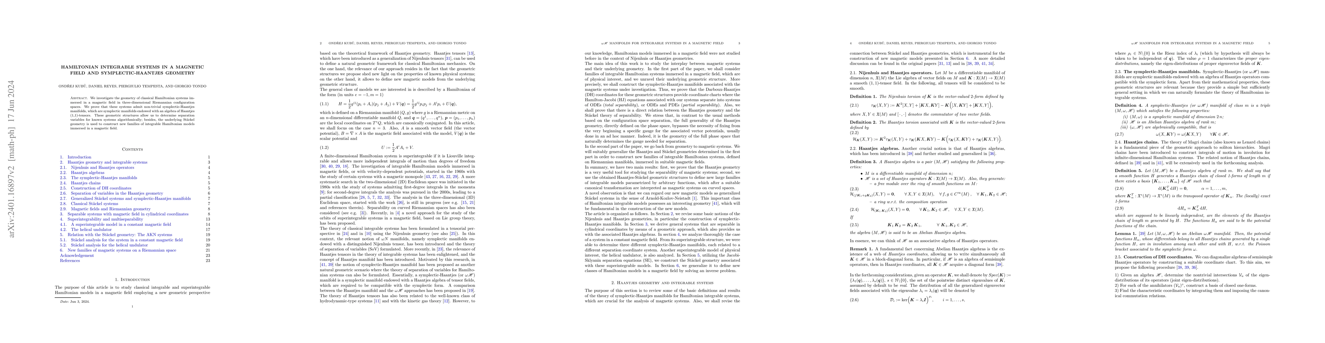 Thumbnail for Hamiltonian integrable systems in a magnetic field and
  Symplectic-Haantjes geometry