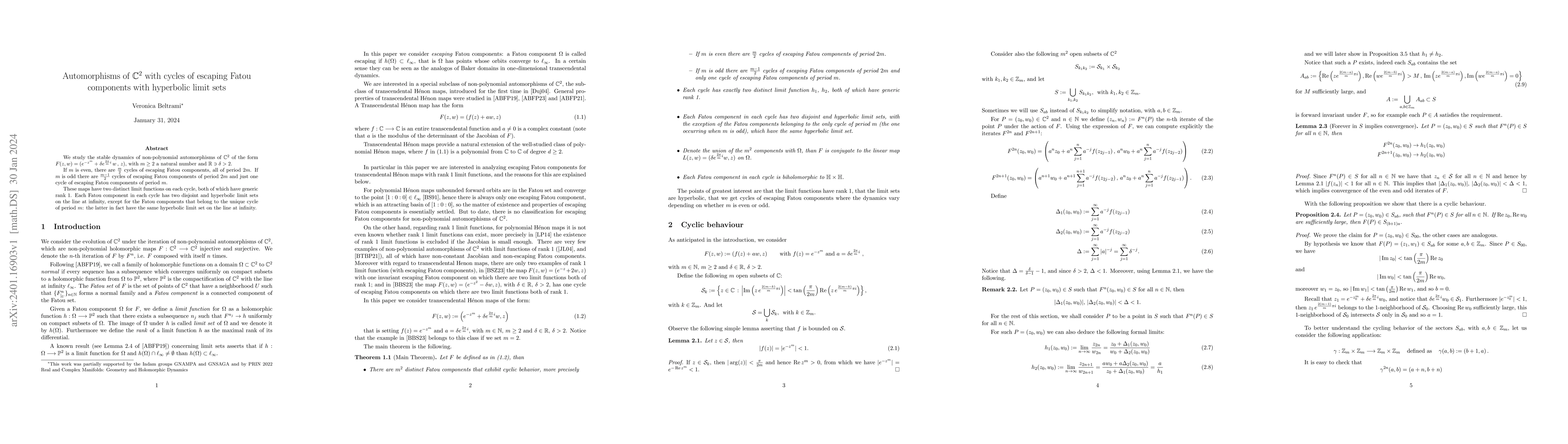 Thumbnail for Automorphisms of $\mathbb{C}^2$ with cycles of escaping Fatou components
  with hyperbolic limit sets